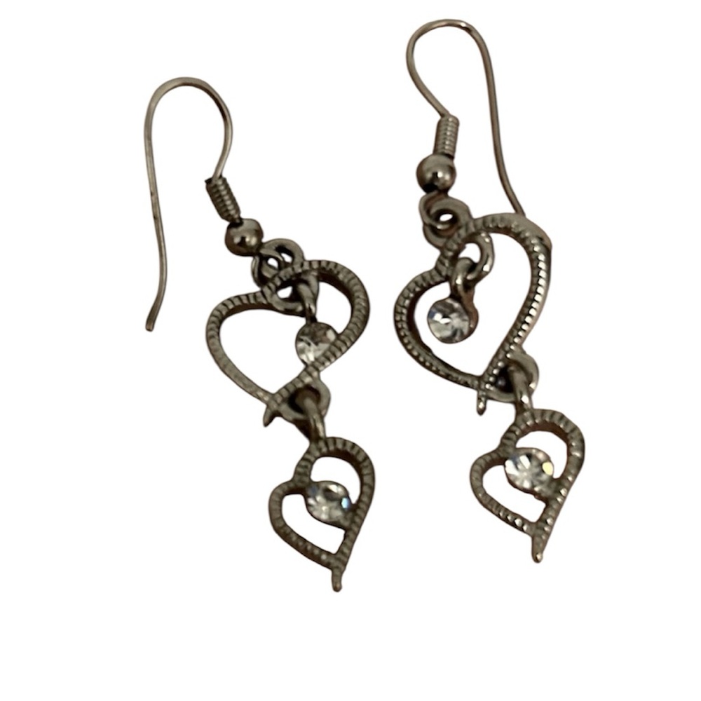 Silver Heart Clear Stud Classic Neutral Dangly Earrings - Picture 2 of 2